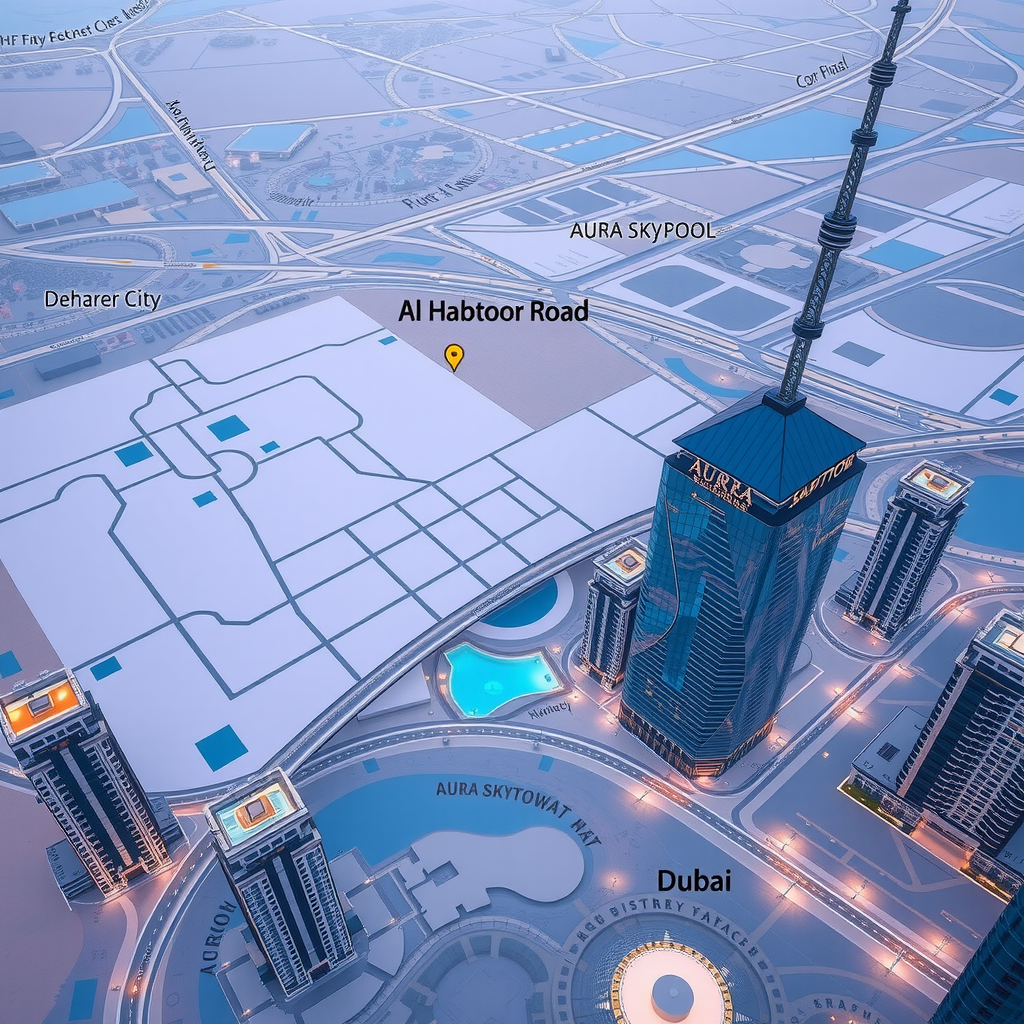 Map showing Aura SkyPool location at Al Habtoor City on Sheikh Zayed Road in Dubai, UAE with surrounding landmarks and streets visible
