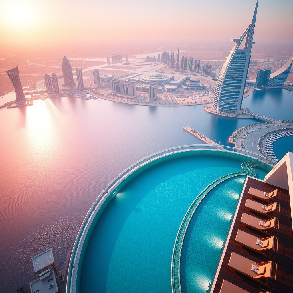 Stunning aerial view of Aura SkyPool Dubai rooftop infinity pool at sunset with panoramic city skyline, luxury loungers, and crystal-clear turquoise water reflecting golden hour light