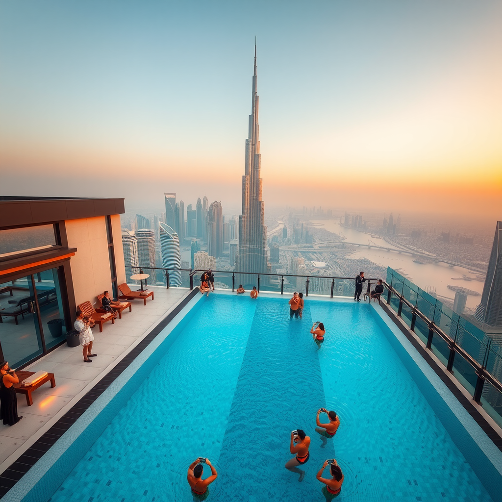Stunning aerial view of Aura SkyPool's iconic infinity pool at golden hour, with visitors taking photos against the backdrop of Dubai's glittering skyline and Burj Khalifa in the distance