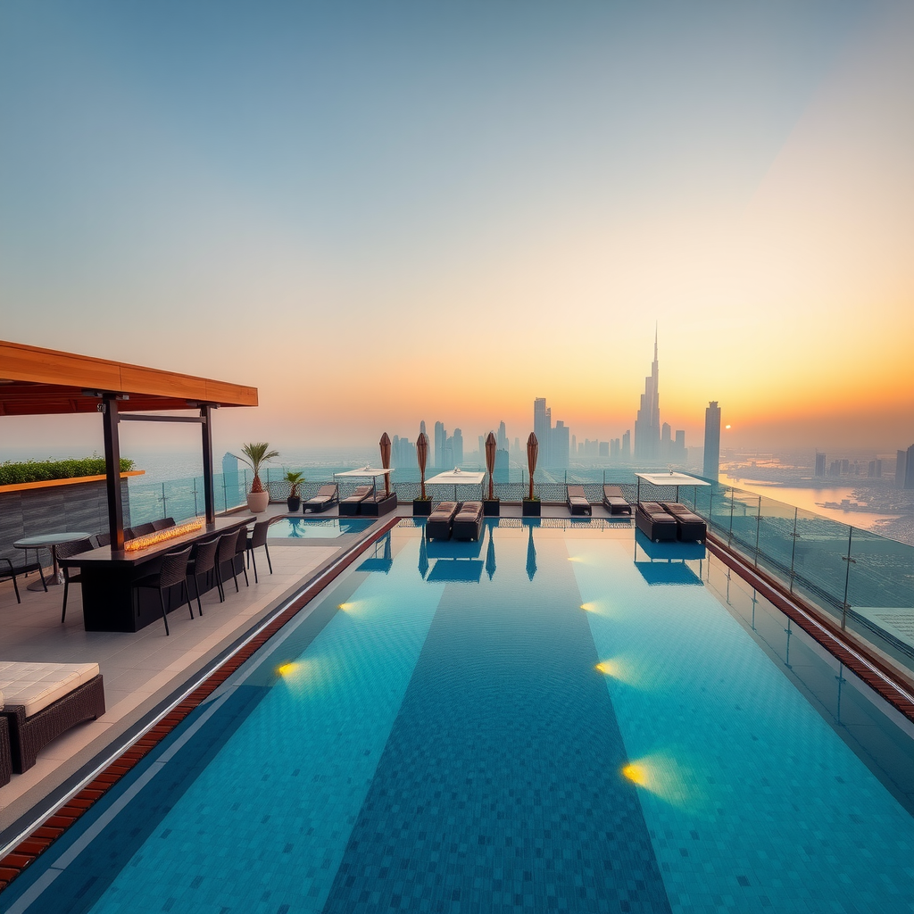 Panoramic view of Aura SkyPool at sunset with DJ booth setup, luxury cabanas, and Dubai skyline in the background, featuring golden hour lighting and elegant poolside atmosphere