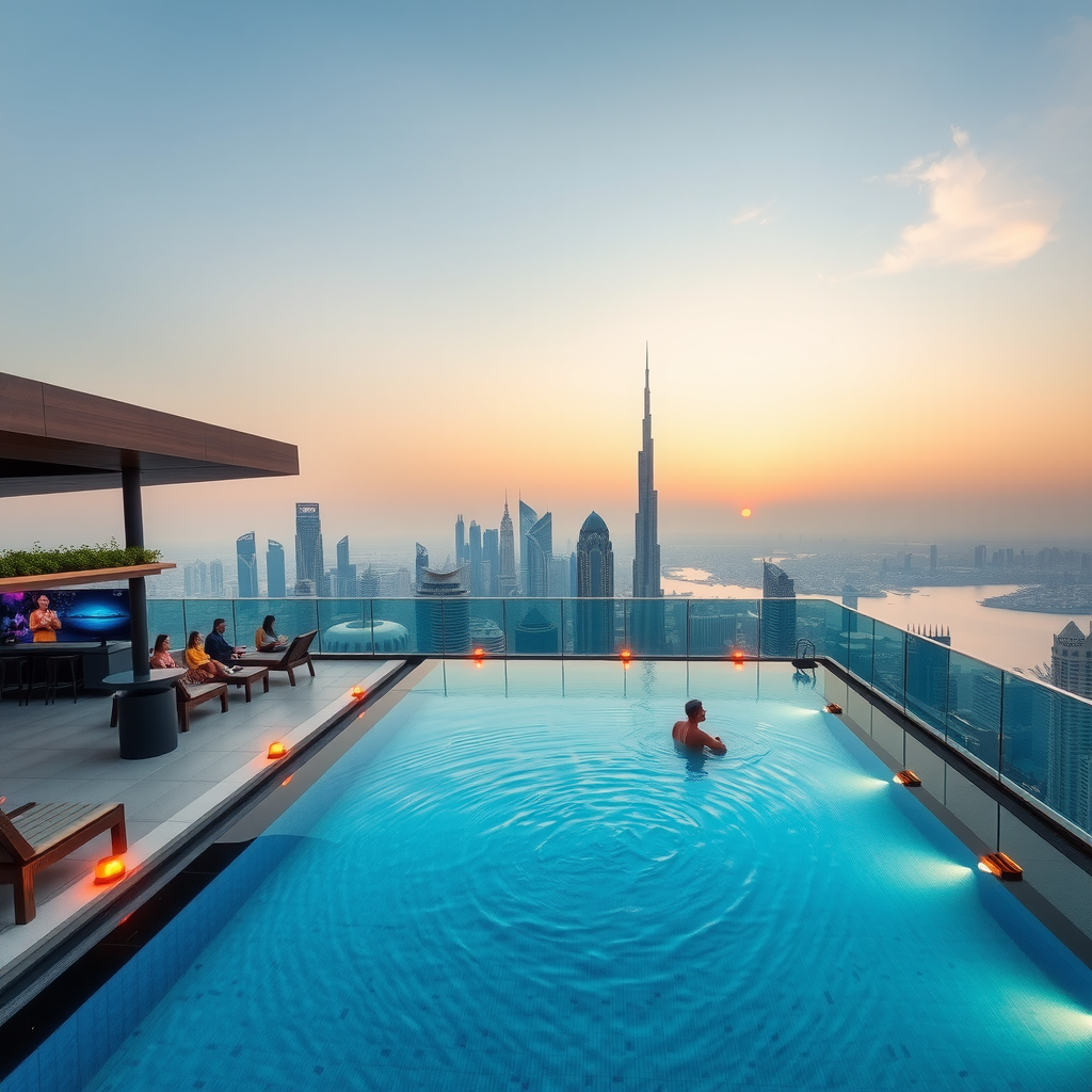 Panoramic view of Aura SkyPool rooftop infinity pool overlooking Dubai skyline at sunset with guests enjoying the luxury experience
