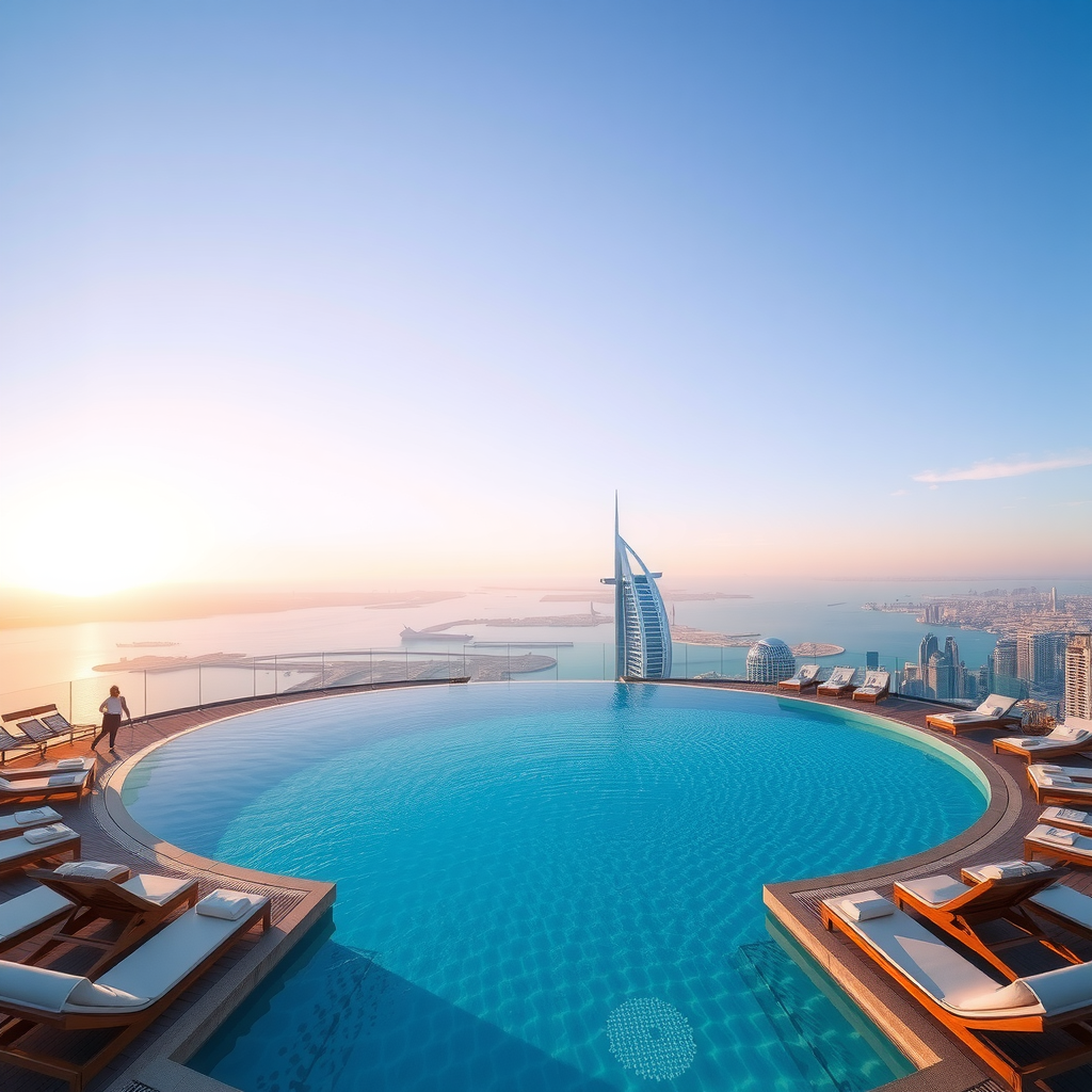 Stunning 360-degree infinity pool on the 50th floor overlooking Palm Jumeirah, Ain Dubai, and Arabian Gulf with crystal clear turquoise water, luxury sun loungers, and panoramic Dubai skyline views at sunset