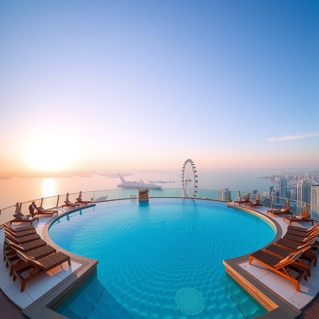 Stunning 360-degree infinity pool on the 50th floor of Aura SkyPool Dubai, featuring crystal clear turquoise water with panoramic views of Palm Jumeirah, Ain Dubai ferris wheel, and the Arabian Gulf coastline at sunset, with luxury sun loungers and cabanas surrounding the pool deck