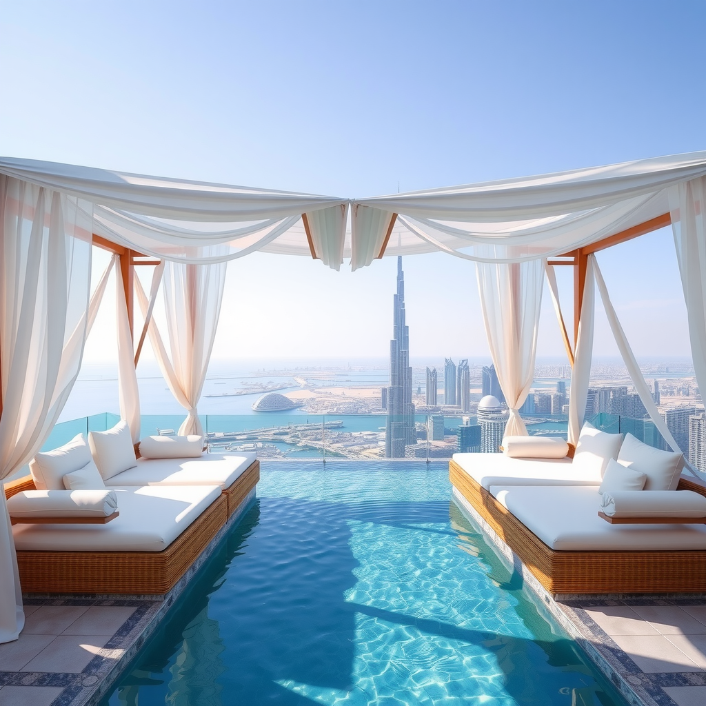 Luxurious VIP cabanas with white cushioned seating, elegant draping, and panoramic views of Dubai's iconic skyline including Burj Khalifa, positioned beside an infinity pool with crystal-clear turquoise water
