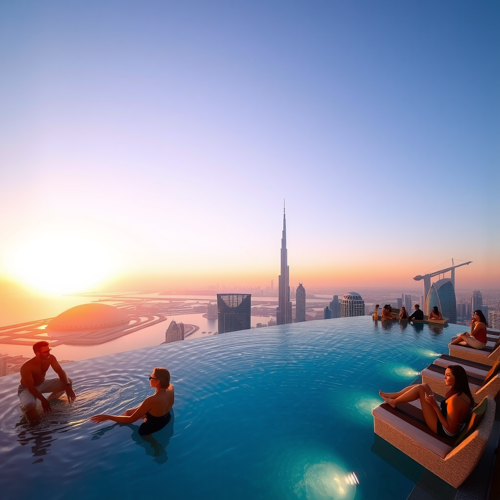 Breathtaking sunset view from Aura SkyPool's rooftop infinity pool at 200 meters above Dubai, showcasing the city skyline bathed in golden hour light with silhouettes of guests enjoying cocktails by the pool edge
