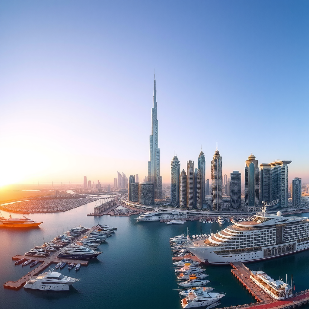 Stunning panoramic view of Dubai's iconic skyline showcasing Burj Khalifa, modern skyscrapers, Dubai Marina waterfront with luxury yachts, and golden sunset lighting
