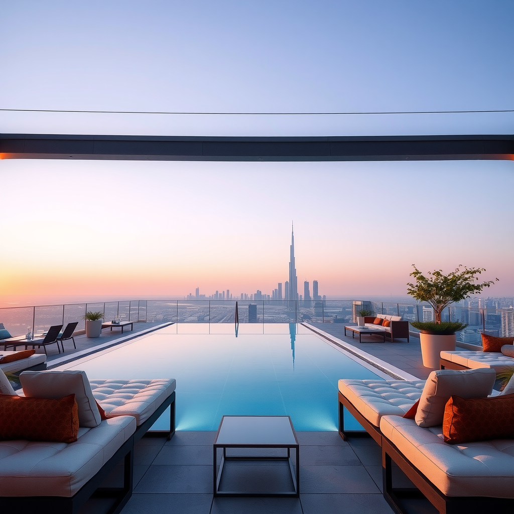 Elegant rooftop event setup at Aura SkyPool featuring infinity pool, sophisticated lounge seating, ambient lighting, and panoramic Dubai skyline views during golden hour