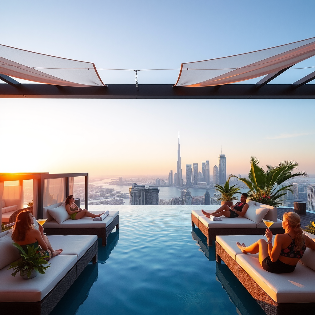 Luxurious Aura SkyPool rooftop setting with elegant cabanas, comfortable loungers, tropical plants, and guests enjoying premium cocktails with Dubai Marina skyline in background during golden hour