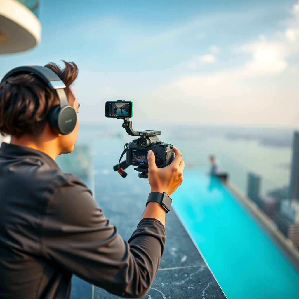Professional influencer capturing content at the infinity pool edge with professional camera equipment, showcasing the perfect blend of luxury and social media culture at Aura SkyPool