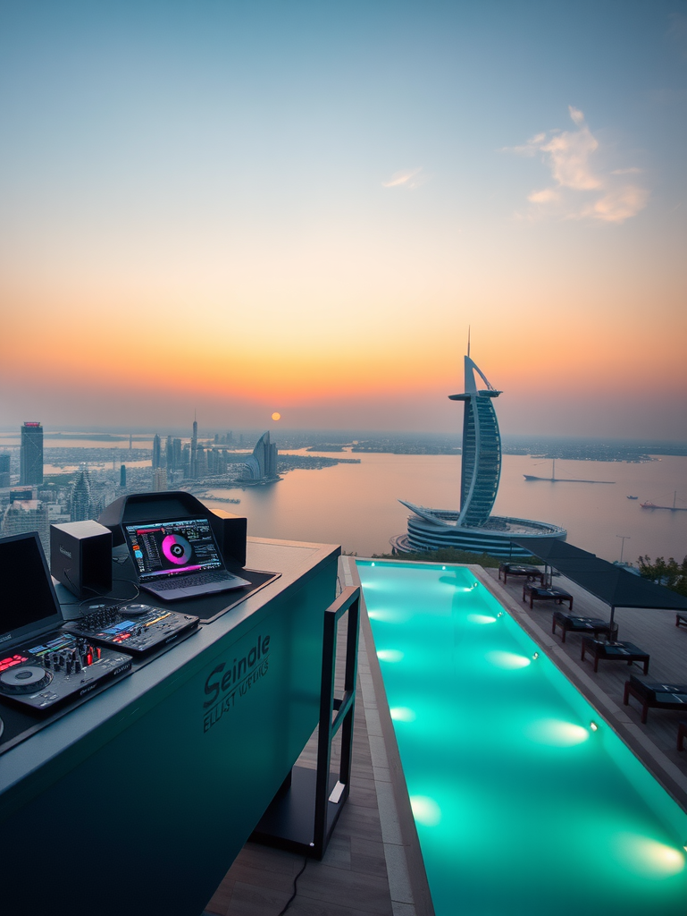 Professional DJ performing at sunset on elevated booth overlooking infinity pool, with state-of-the-art sound equipment and atmospheric lighting, Dubai cityscape visible in background