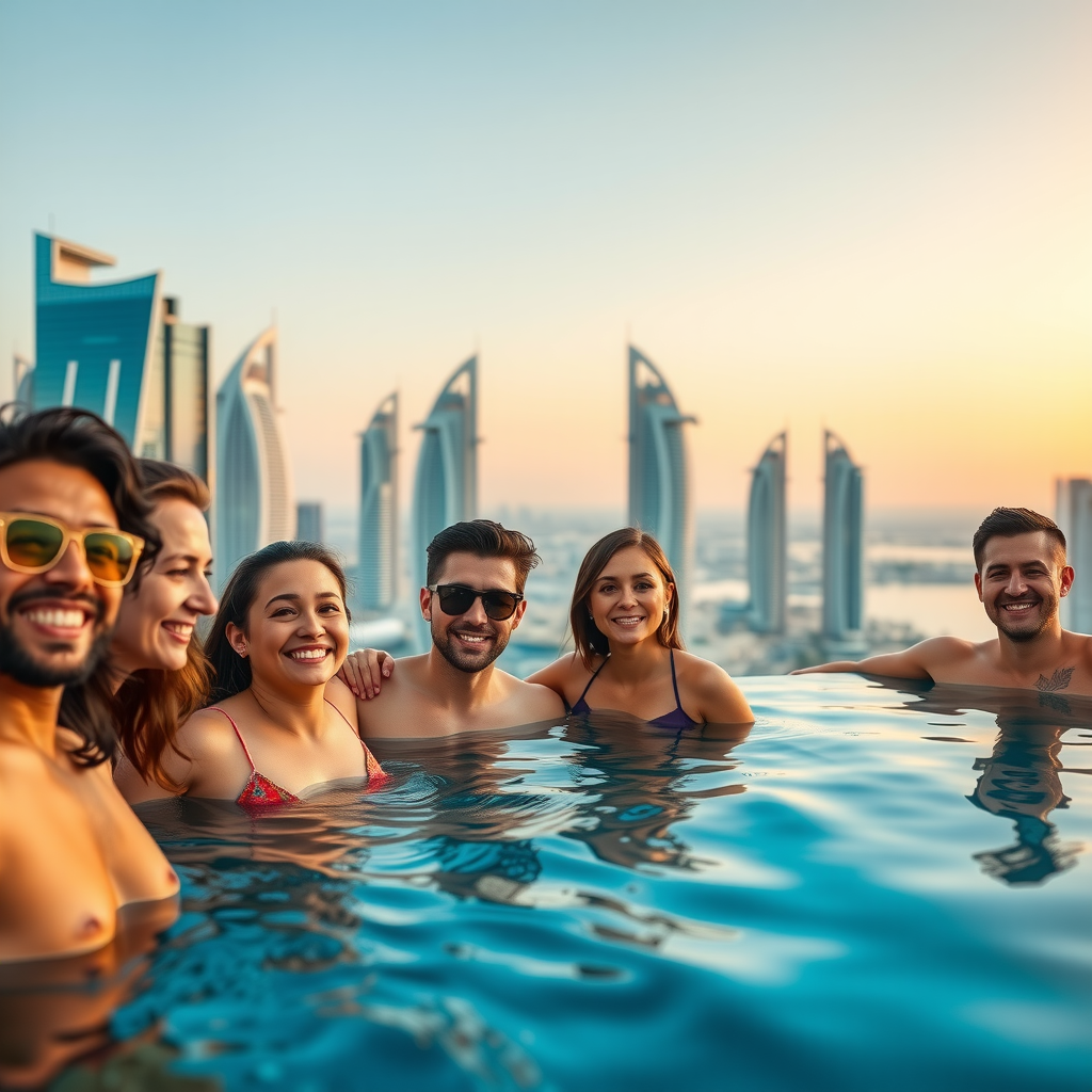 Diverse group of smiling first-time guests enjoying the infinity pool at Aura SkyPool with Dubai Marina towers in background during golden hour