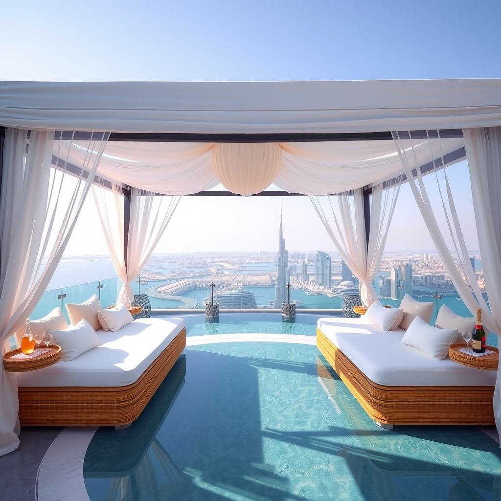 Luxurious VIP cabana with plush white daybeds, elegant draping, dedicated butler service, premium champagne setup, and exclusive views of Dubai landmarks from rooftop infinity pool