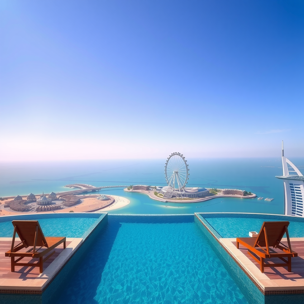 Breathtaking panoramic view from Aura SkyPool's 50th floor infinity pool showing Palm Jumeirah's distinctive palm-shaped island, the massive Ain Dubai observation wheel on Bluewaters Island, and the endless turquoise waters of the Arabian Gulf stretching to the horizon under a clear blue sky