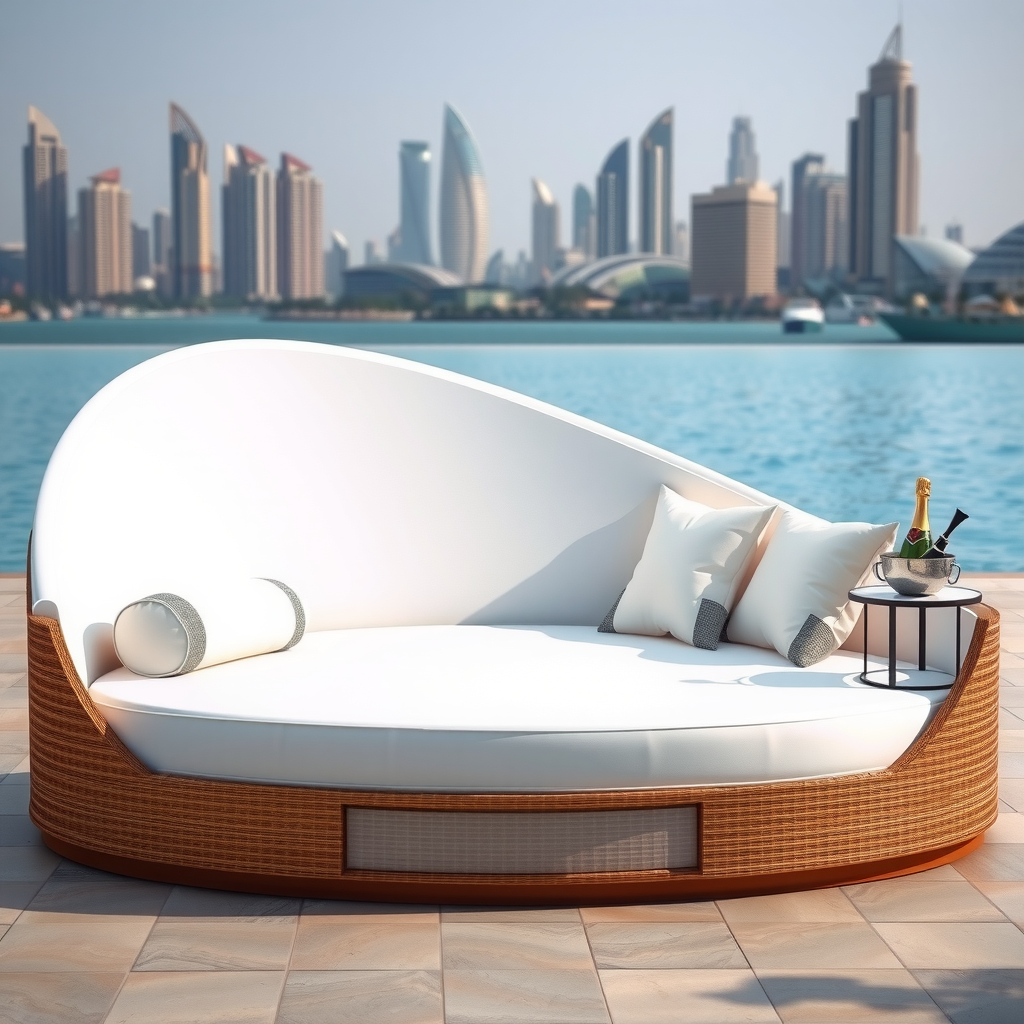 Elegant two-person daybed with plush white cushions, decorative pillows, and a small side table with champagne bucket, positioned poolside with Dubai skyline in background