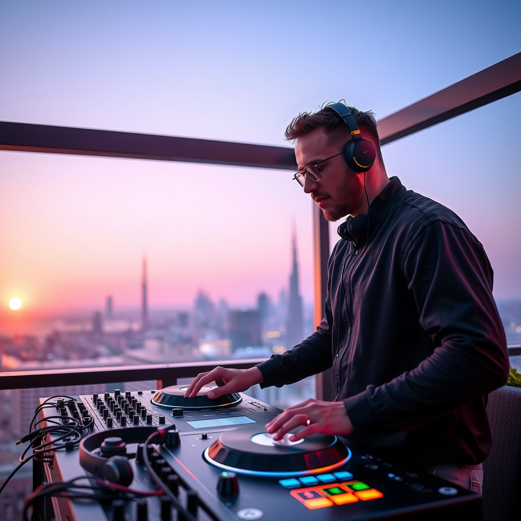 Professional DJ performing live at Aura SkyPool's Sunset Session with state-of-the-art mixing equipment, turntables, and headphones, set against a stunning Dubai sunset backdrop with the city skyline visible