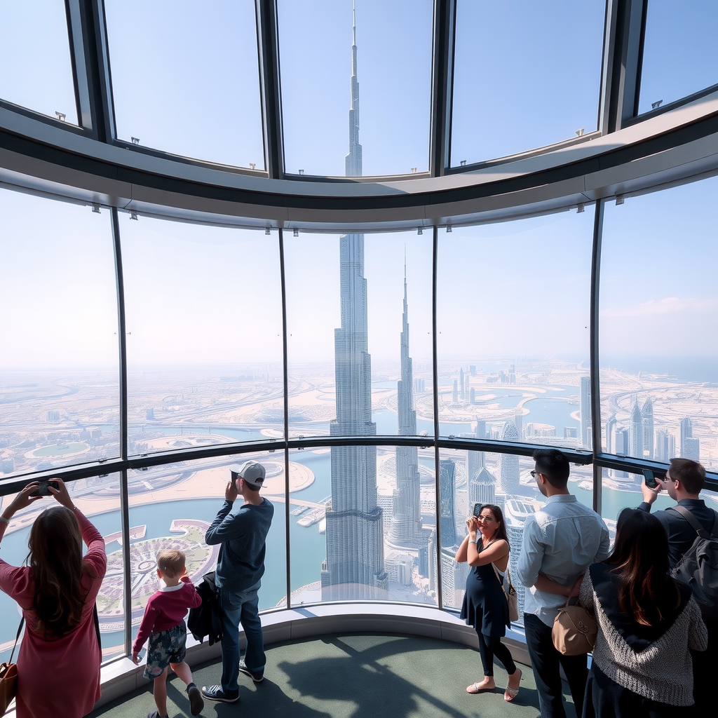 Interior of Burj Khalifa observation deck with floor-to-ceiling windows offering spectacular aerial views of Dubai cityscape, visitors taking photos and enjoying panoramic vistas