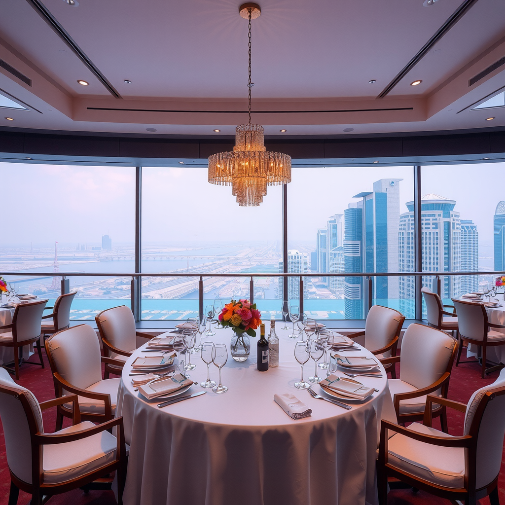 Beautifully arranged private event space at Aura SkyPool with elegant table settings, decorative lighting, and stunning Dubai cityscape backdrop