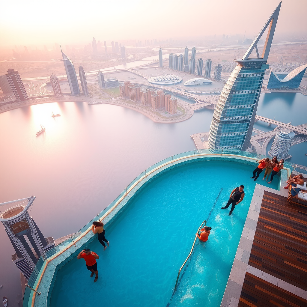 Aerial view of Aura SkyPool infinity pool on rooftop with Dubai skyline in background, tourists taking photos at golden hour, Instagram-worthy perspective showing the iconic pool edge merging with city views