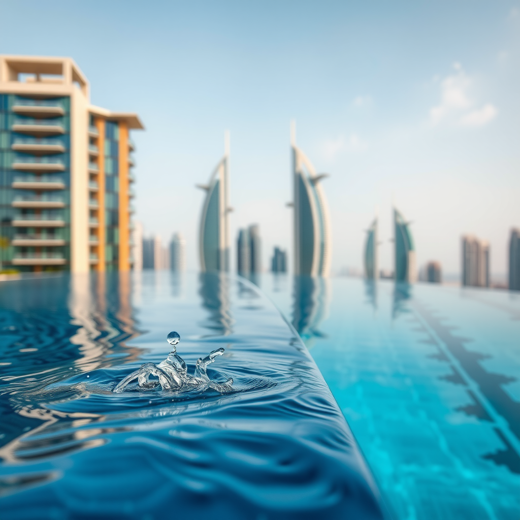 Close-up view of the infinity pool edge with water cascading over, Dubai Marina towers visible in the background, capturing the seamless blend between pool and skyline