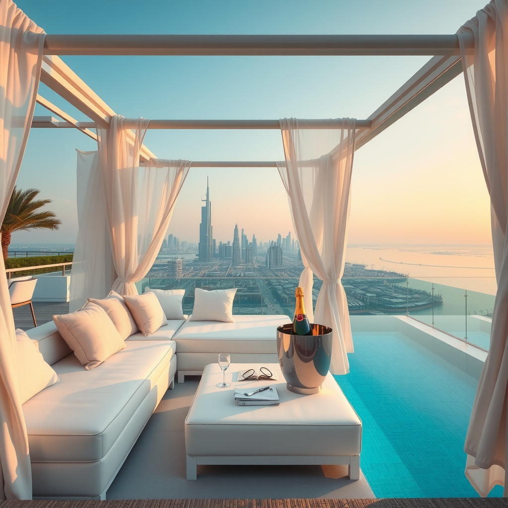 Elegant white VIP cabana with plush seating, private service area, champagne bucket, and unobstructed views of Dubai skyline and infinity pool at sunset