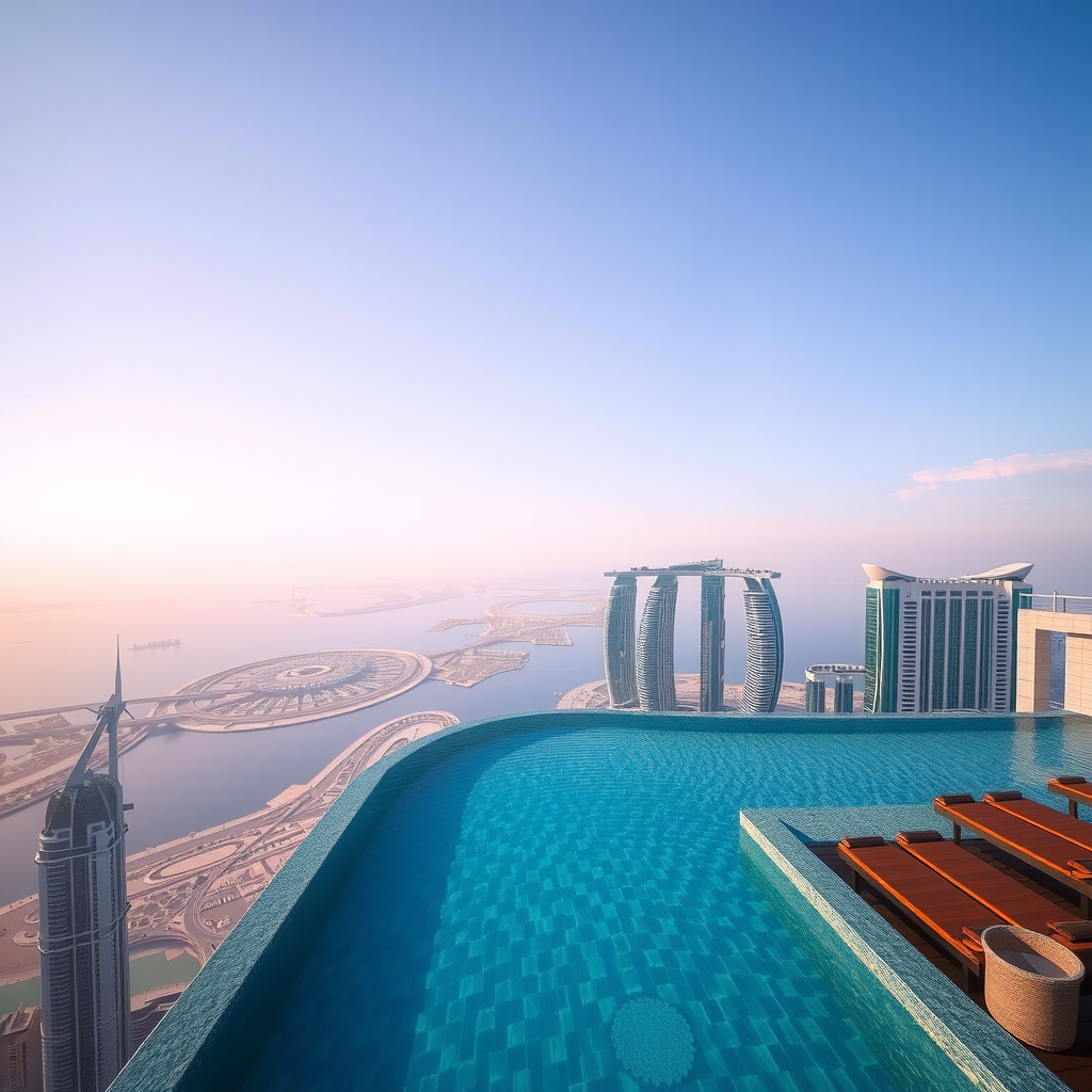 Breathtaking aerial view from Aura SkyPool showing the infinity pool edge with Dubai's iconic skyscrapers and Palm Jumeirah visible in the distance during daytime