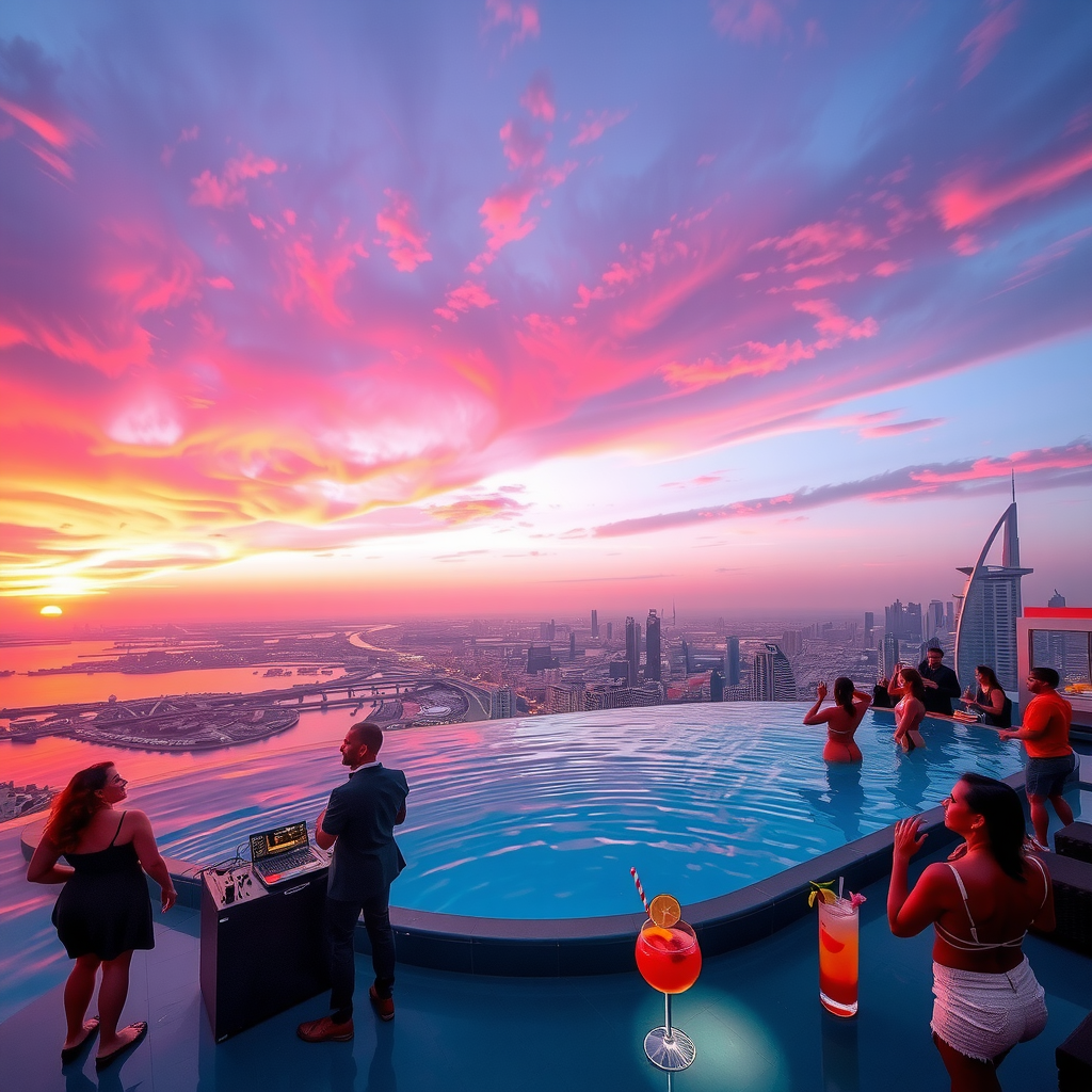 Spectacular Dubai sunset from rooftop pool with DJ booth, colorful cocktails, dancing silhouettes, vibrant orange and pink sky, city lights beginning to glow, and energetic party atmosphere 200 meters above the city