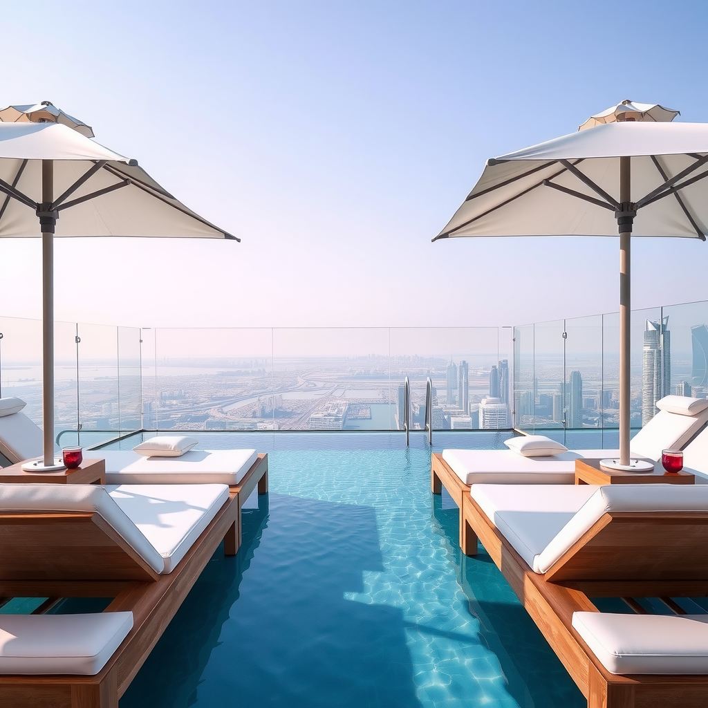 Premium white sun loungers with plush cushions arranged around the infinity pool at Aura SkyPool, with elegant umbrellas providing shade and small side tables for drinks, overlooking the Dubai skyline