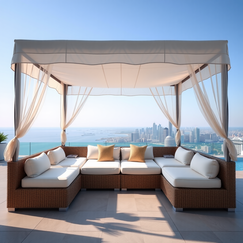 Spacious four-person daybed with oversized cushions, elegant canopy draping, refreshment station, and panoramic pool views with city backdrop