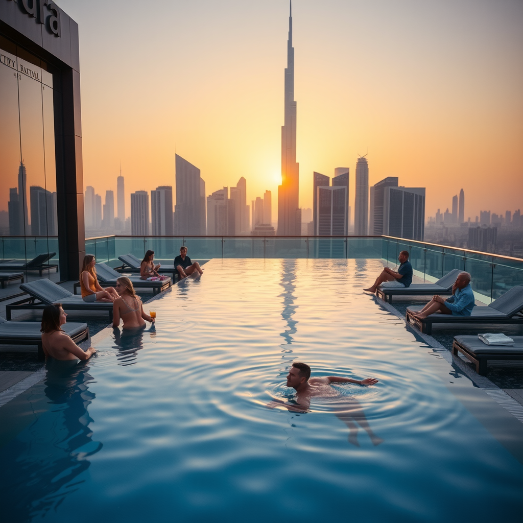 Aura SkyPool's infinity pool during sunset session with guests relaxing on premium loungers, some swimming in the crystal-clear water, others enjoying cocktails, with Dubai's iconic skyline and Burj Khalifa visible in the golden hour background