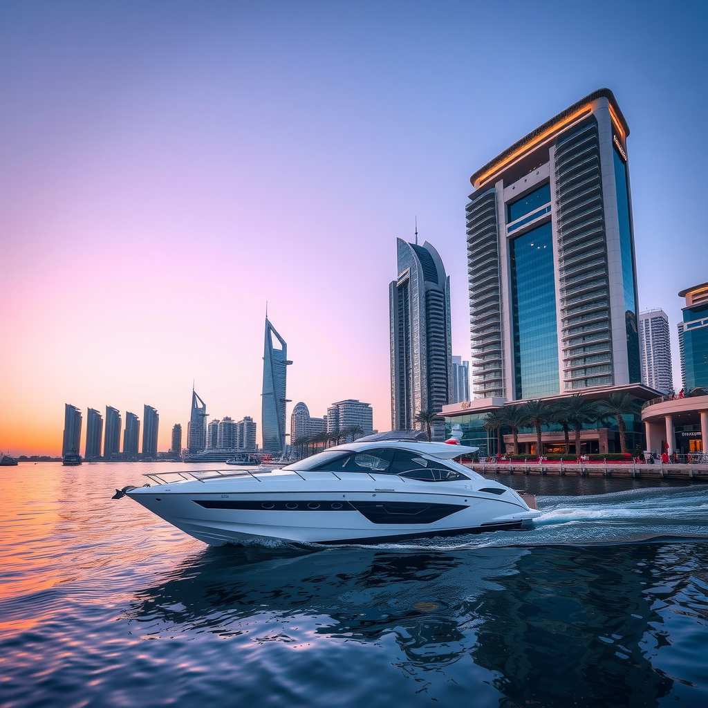 Luxury yacht cruise in Dubai Marina at sunset with elegant boat sailing past illuminated skyscrapers, waterfront promenade lined with palm trees and modern architecture reflecting in calm waters