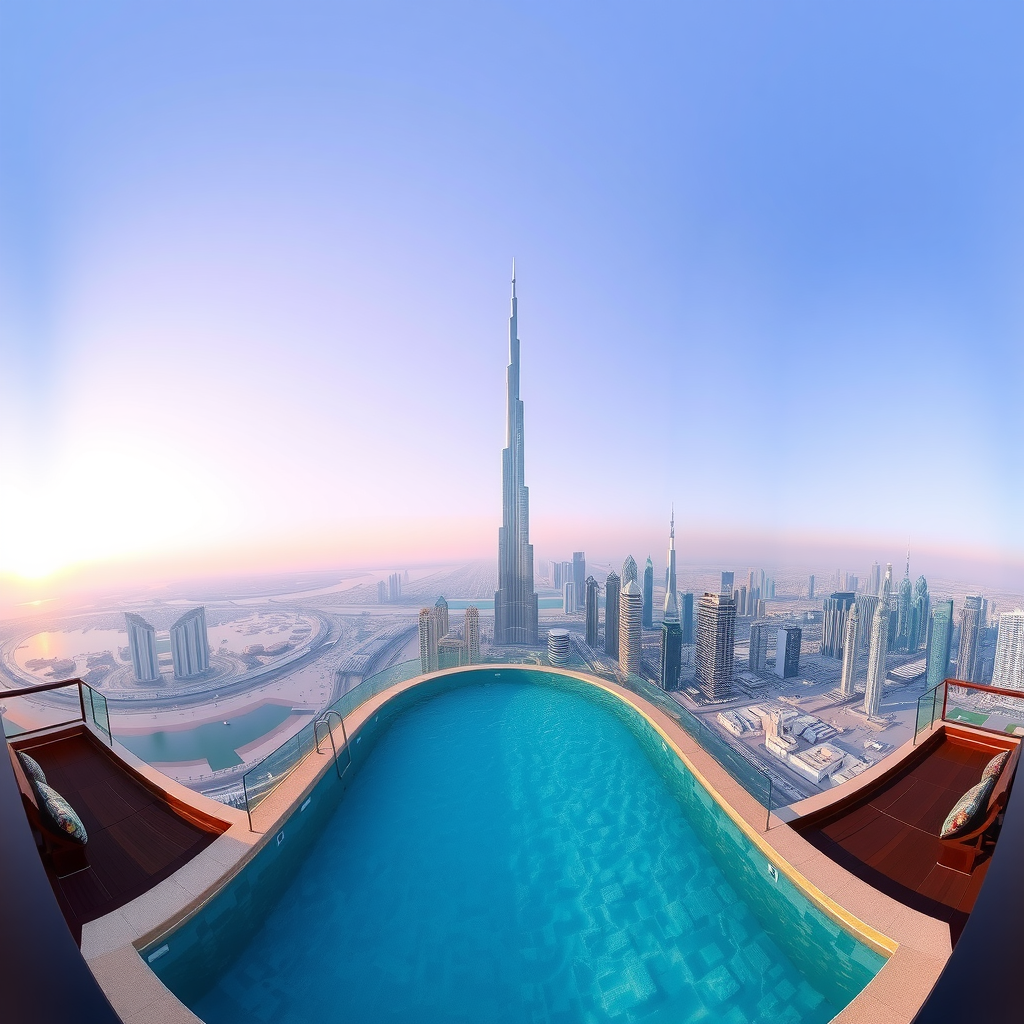Spectacular 360-degree panoramic view of Dubai skyline from Aura SkyPool rooftop venue showing Burj Khalifa, modern skyscrapers, and infinity pool edge