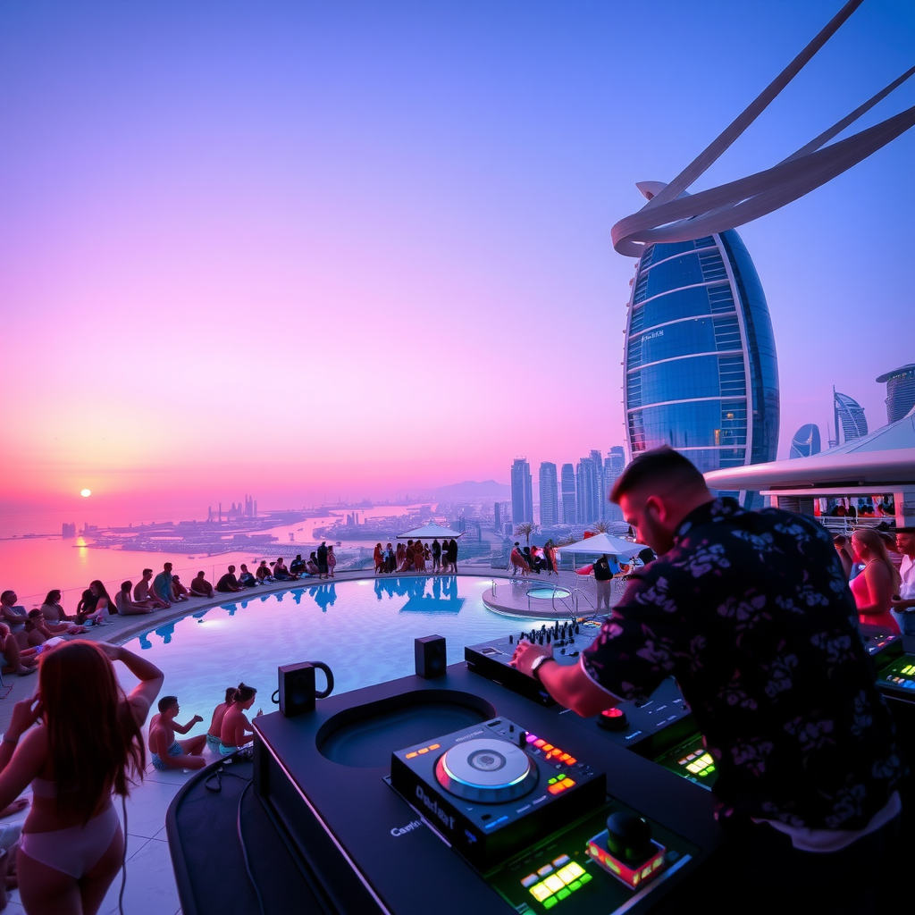 DJ performing at Aura SkyPool during sunset with crowd enjoying poolside, vibrant evening atmosphere with Dubai skyline illuminated in background, VIP cabanas visible, people dancing and relaxing by infinity pool