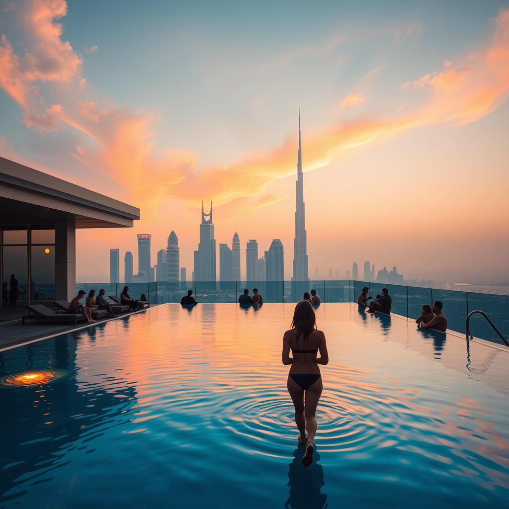 Breathtaking golden hour scene at Aura SkyPool with warm orange and pink hues reflecting off the pool water, silhouettes of visitors against the glowing Dubai skyline