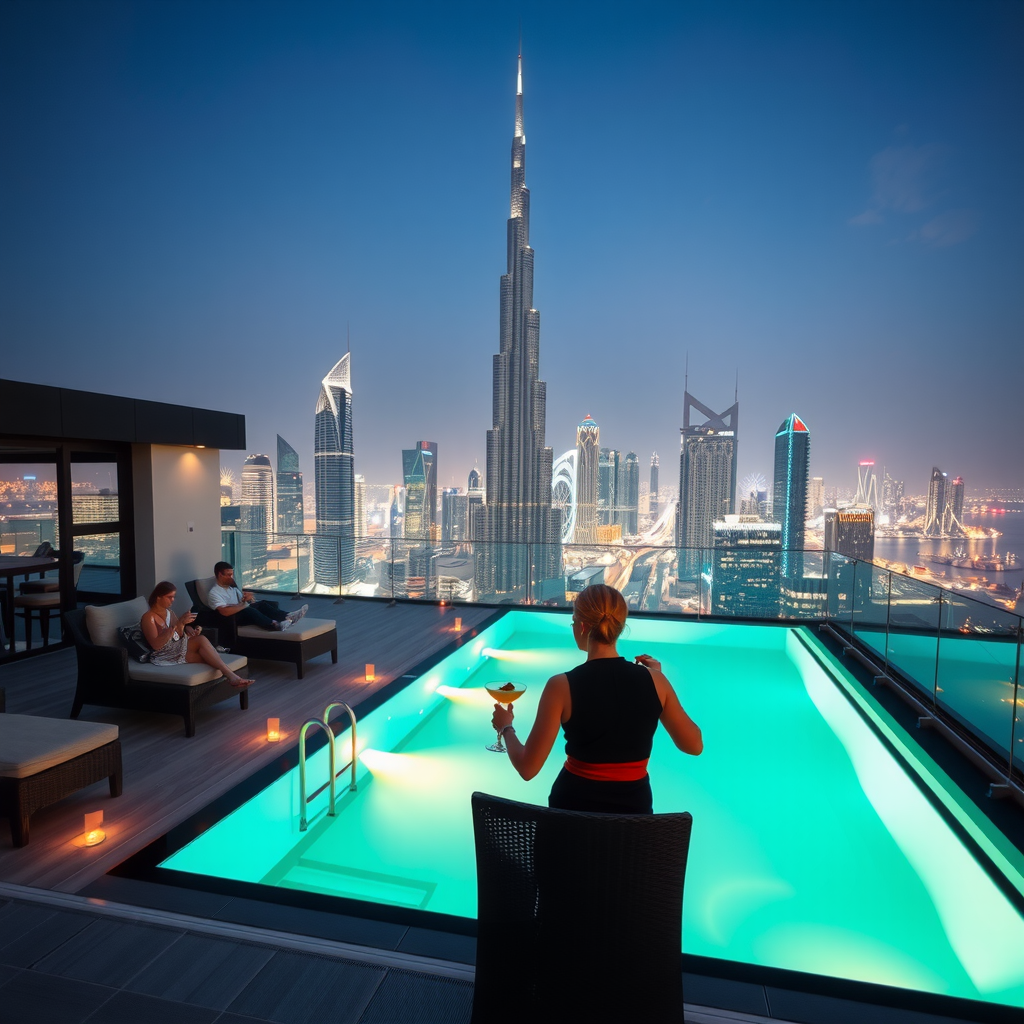 Elegant evening scene at Aura SkyPool with illuminated pool, comfortable lounge chairs, and guests enjoying cocktails against backdrop of glittering Dubai city lights