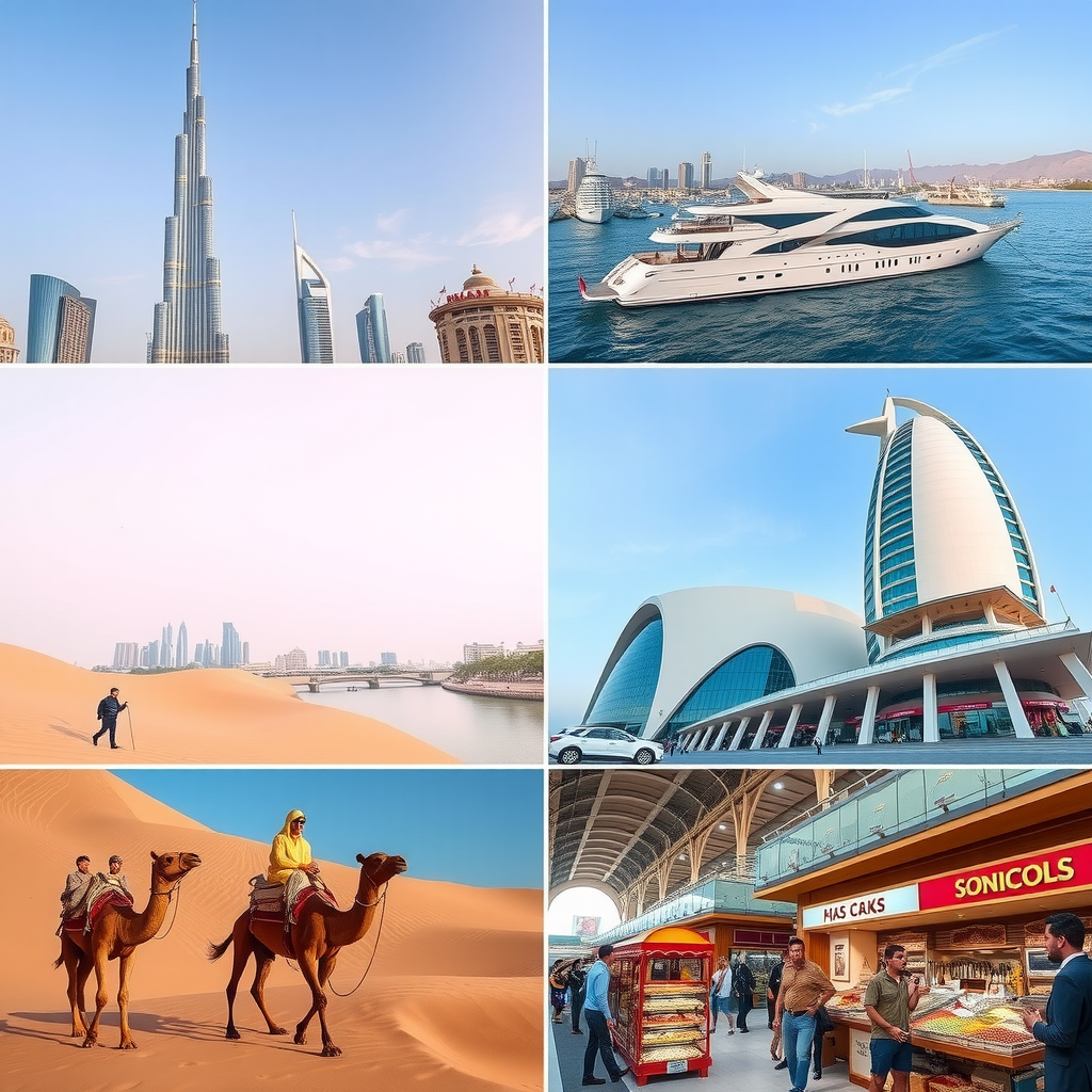 Collage of Dubai's iconic attractions including Burj Khalifa tower, luxury yacht in Dubai Marina, golden desert safari with camels, traditional souks with colorful spices, and modern shopping malls with tourists exploring