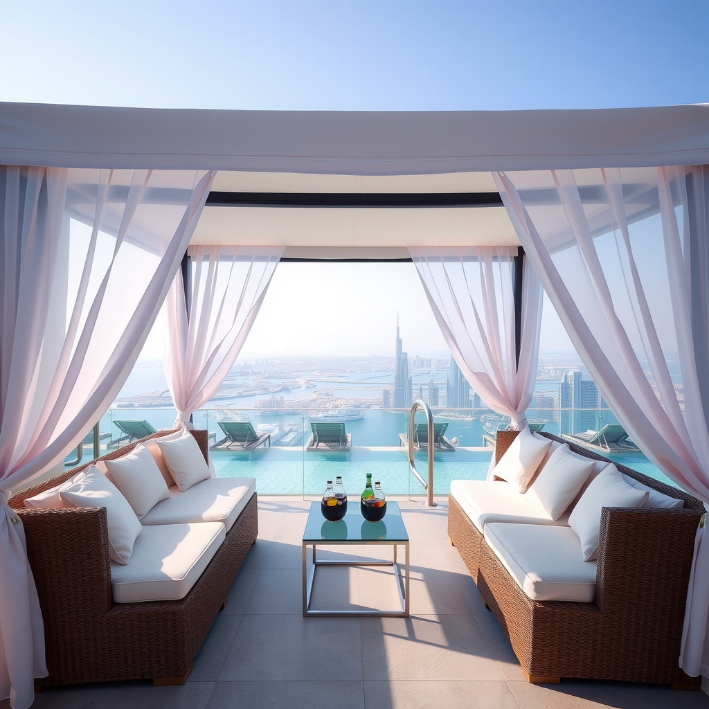 Luxurious private cabana at Aura SkyPool with flowing white curtains, comfortable seating, a small table with refreshments, and an unobstructed view of the infinity pool and Dubai cityscape beyond