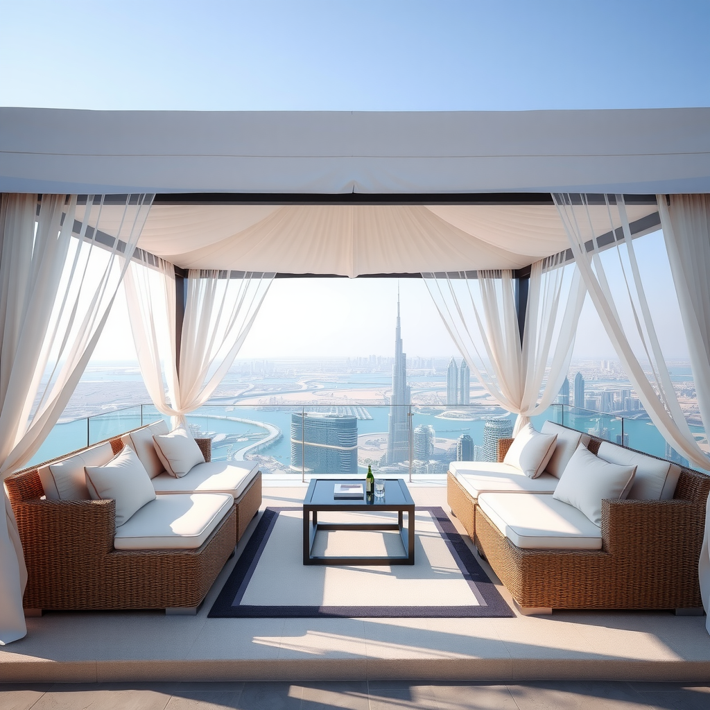 Luxurious six-person cabana with comfortable seating arrangement, elegant white draping, mini-bar setup, and floor-to-ceiling views of Dubai's skyline