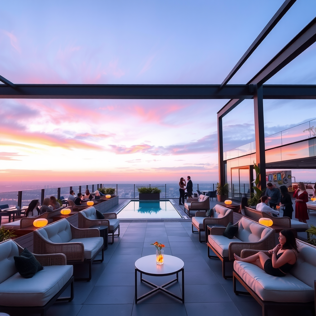 Sophisticated rooftop lounge area at Aura SkyPool featuring plush seating arrangements, ambient lighting, decorative plants, and small groups of well-dressed guests socializing and enjoying cocktails during a sunset session