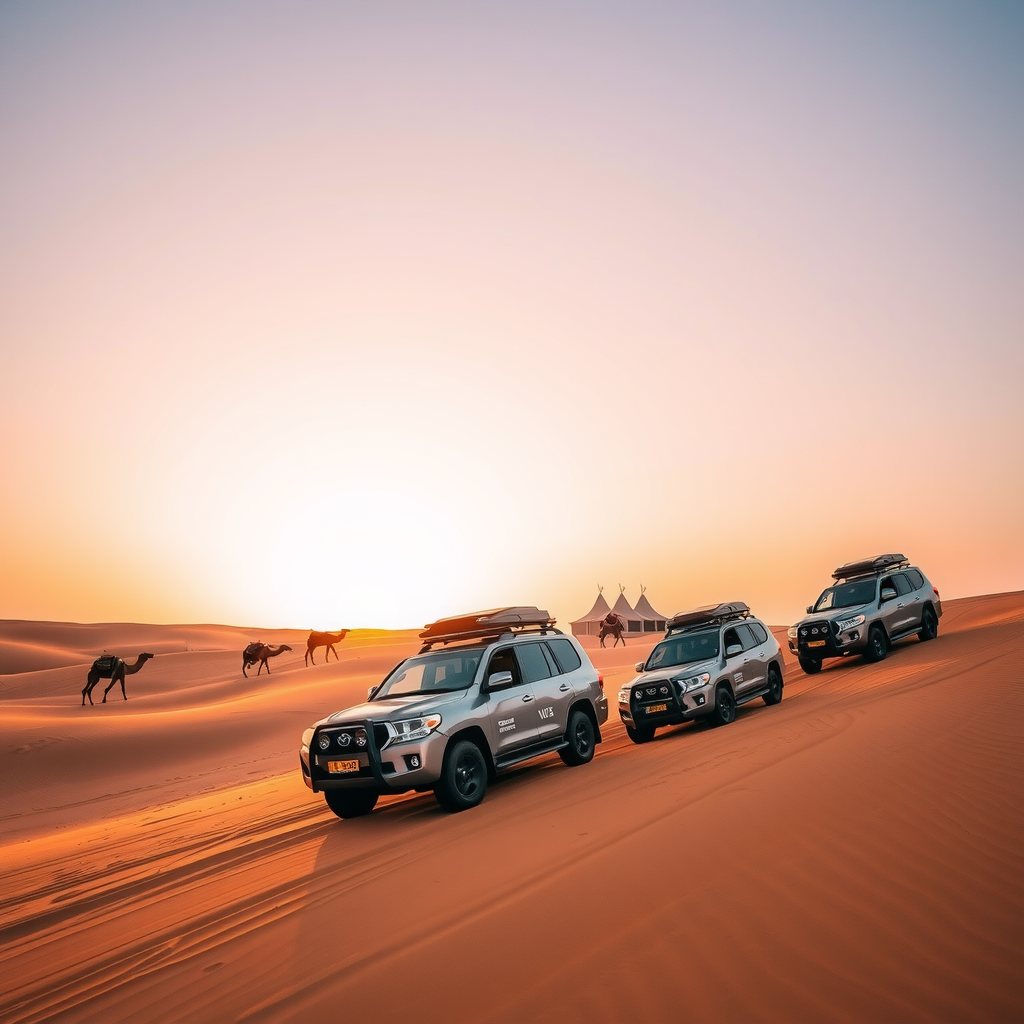 Arabian desert safari adventure showing 4x4 vehicles on golden sand dunes during sunset with traditional Bedouin camp tents and camels in background under vibrant orange sky