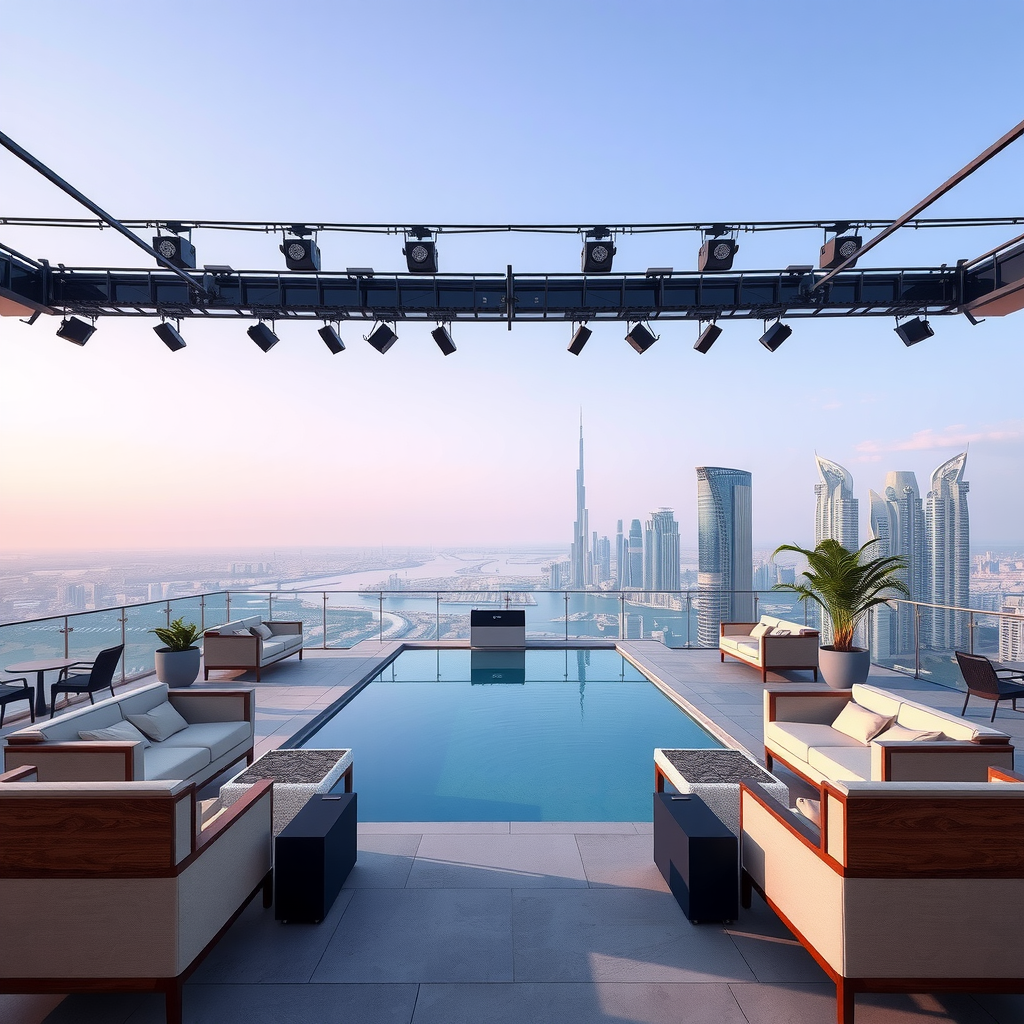 Professional corporate event setup at Aura SkyPool featuring modern staging, sophisticated seating arrangements, branded elements, and stunning Dubai cityscape