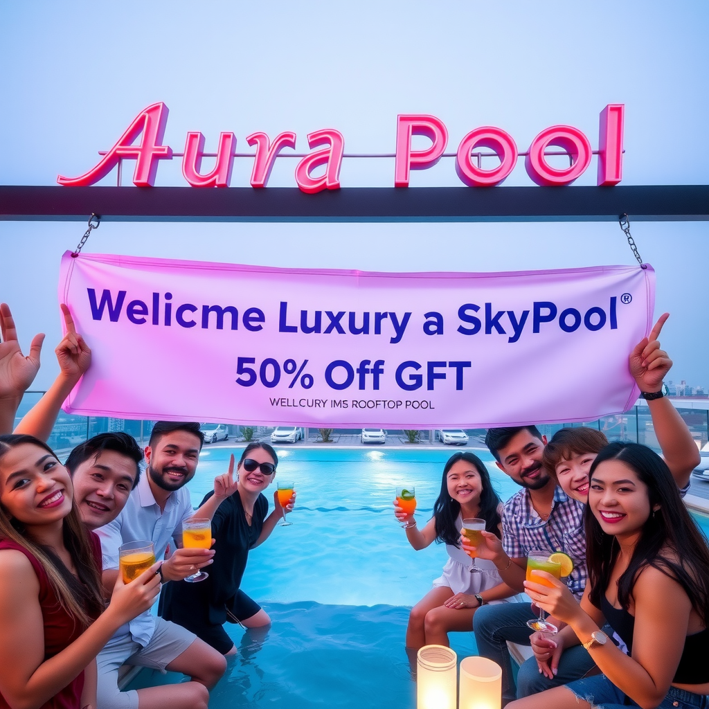 Happy diverse group of first-time visitors at Aura SkyPool celebrating with drinks, promotional banner showing 50% discount offer, excited tourists enjoying luxury rooftop pool experience, welcoming atmosphere