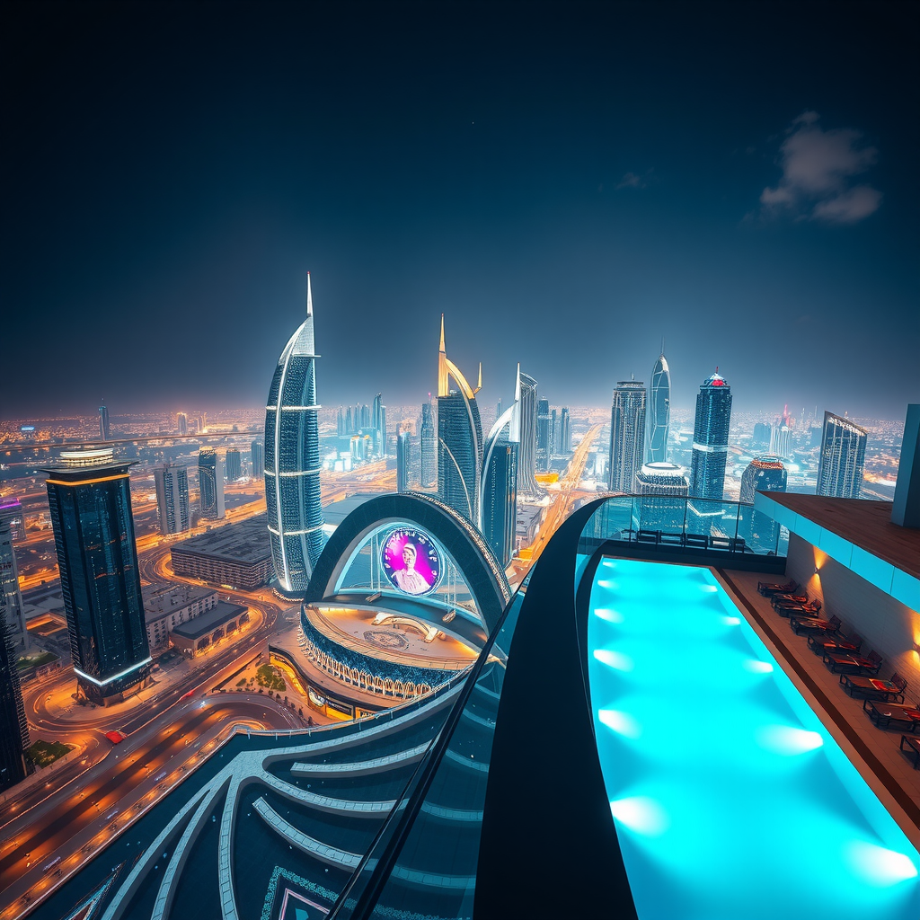 Spectacular night view of Aura SkyPool with illuminated pool water glowing blue, surrounded by Dubai's sparkling cityscape and skyscrapers lit up against the dark sky