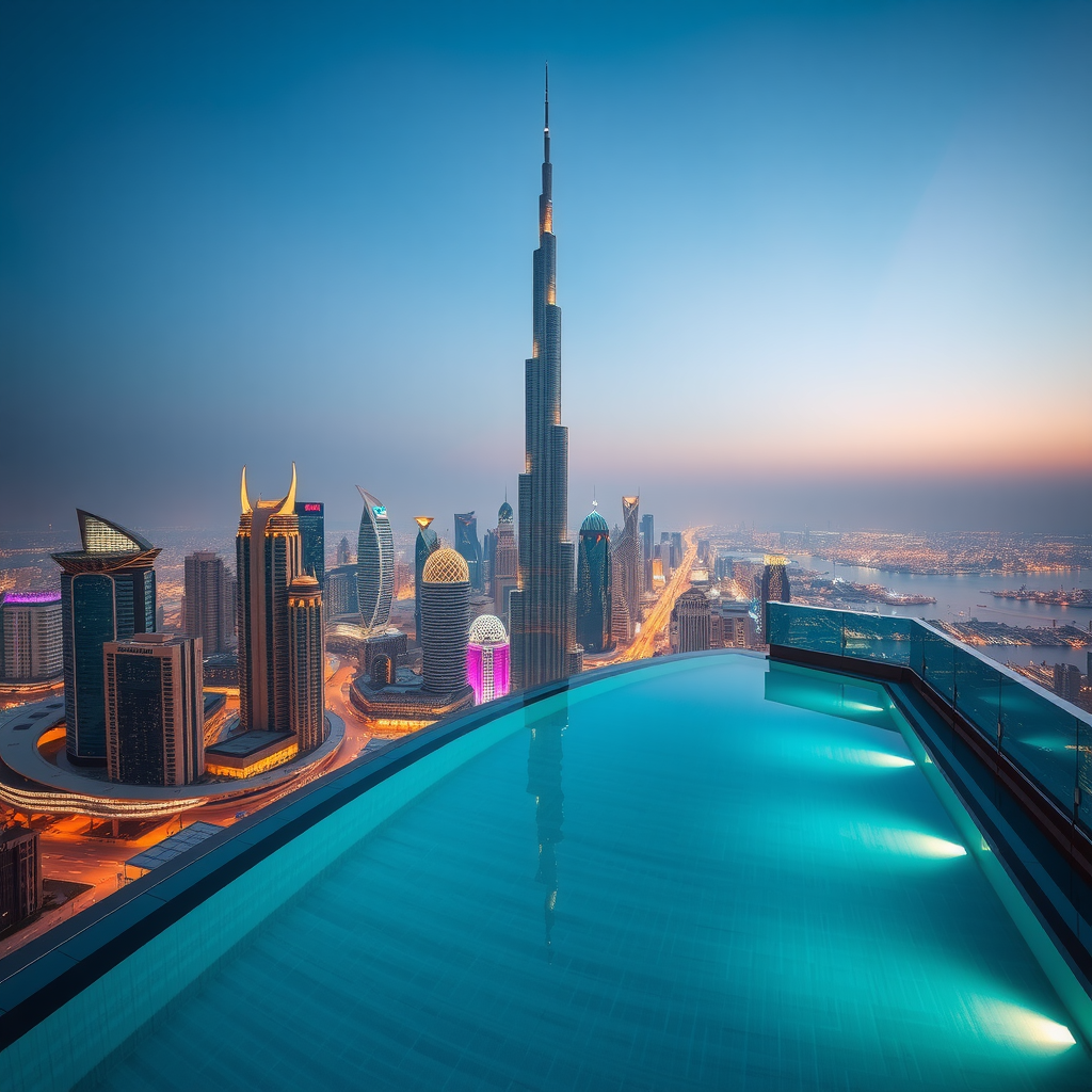 Breathtaking panoramic view from Aura SkyPool showing Dubai's illuminated skyline at dusk, featuring Burj Khalifa, modern skyscrapers, and infinity pool reflecting city lights
