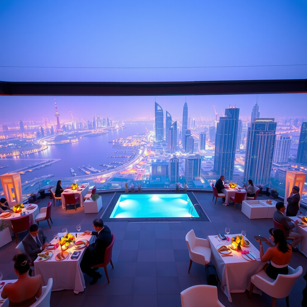 Elegant private event at rooftop venue with beautifully decorated tables, ambient lighting, guests celebrating, professional catering setup, 360-degree Dubai skyline views, and infinity pool illuminated at night for exclusive corporate gathering