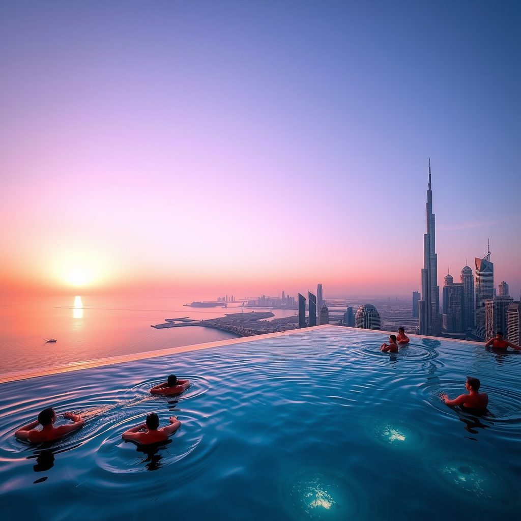 Spectacular sunset view from Aura SkyPool infinity pool with the sun setting over the Arabian Gulf, casting golden and pink hues across the water, silhouettes of swimmers enjoying the pool, and the illuminated Dubai skyline in the background