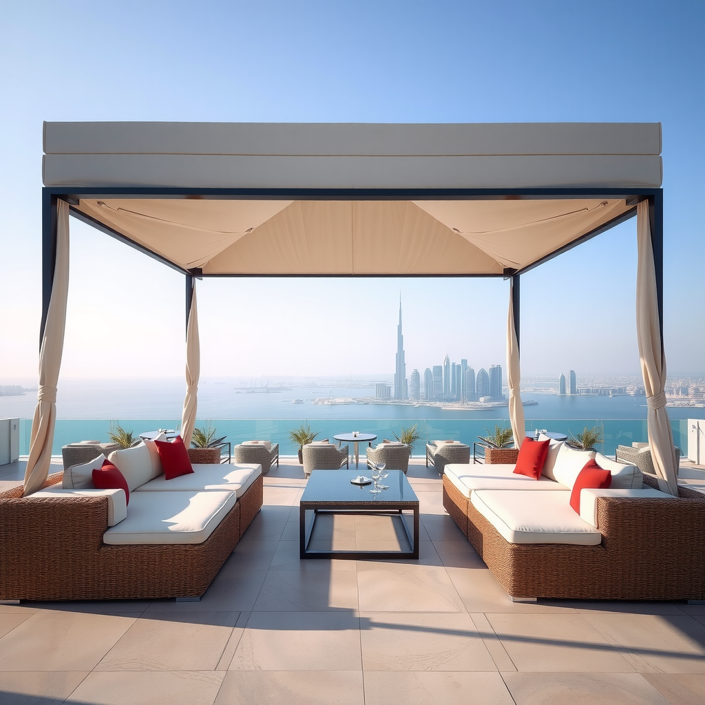 Expansive eight-person grand cabana featuring multiple seating zones, full bar service area, entertainment system, and spectacular unobstructed views of Dubai landmarks