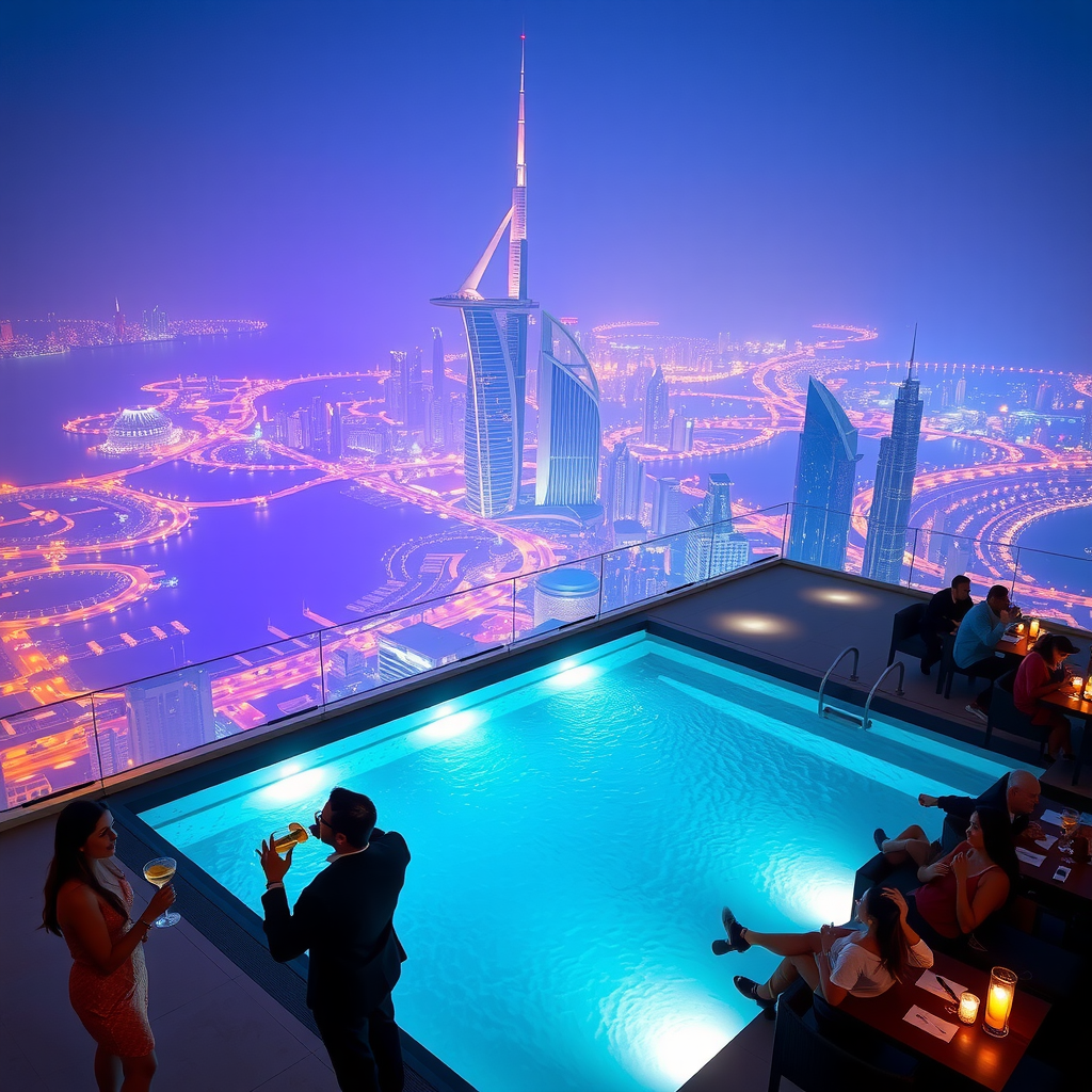 Stunning night view of Aura SkyPool with the infinity pool illuminated by underwater lighting, Dubai's city lights sparkling in the background, and guests enjoying cocktails and conversation in the ambient evening atmosphere