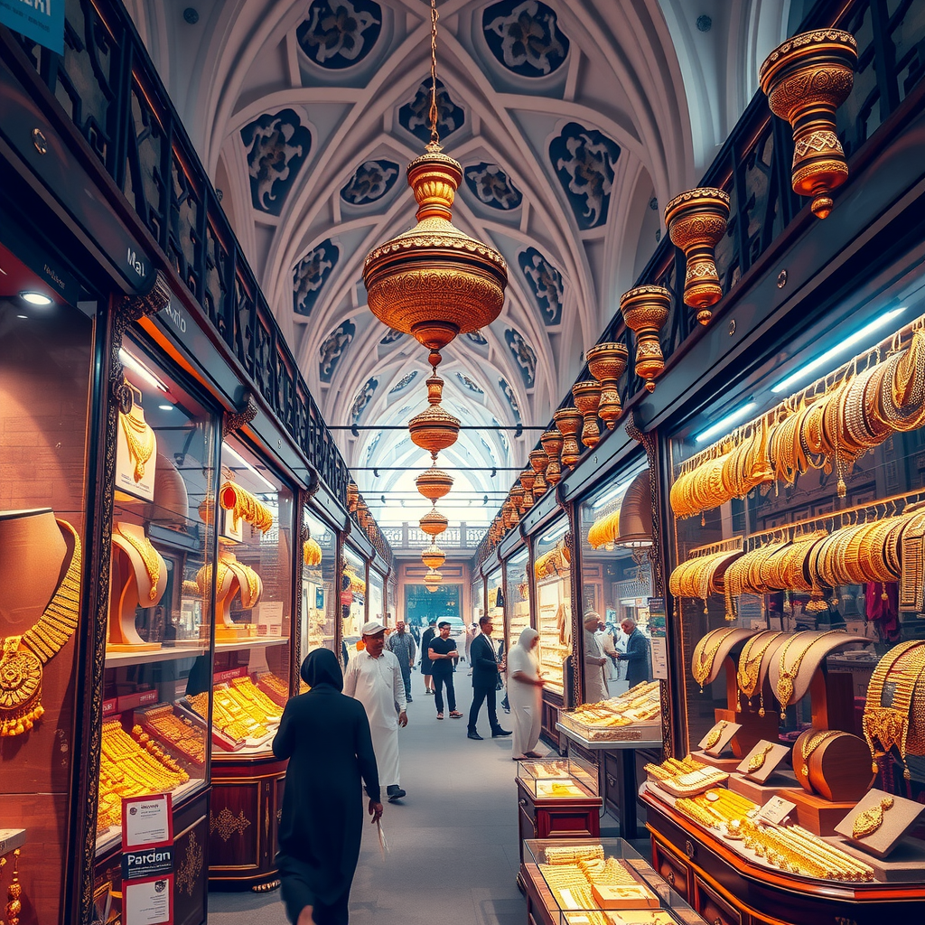 Traditional Dubai Gold Souk market with ornate jewelry displays in shop windows, bustling atmosphere with shoppers and vendors showcasing golden necklaces, bracelets, and traditional Arabic architecture