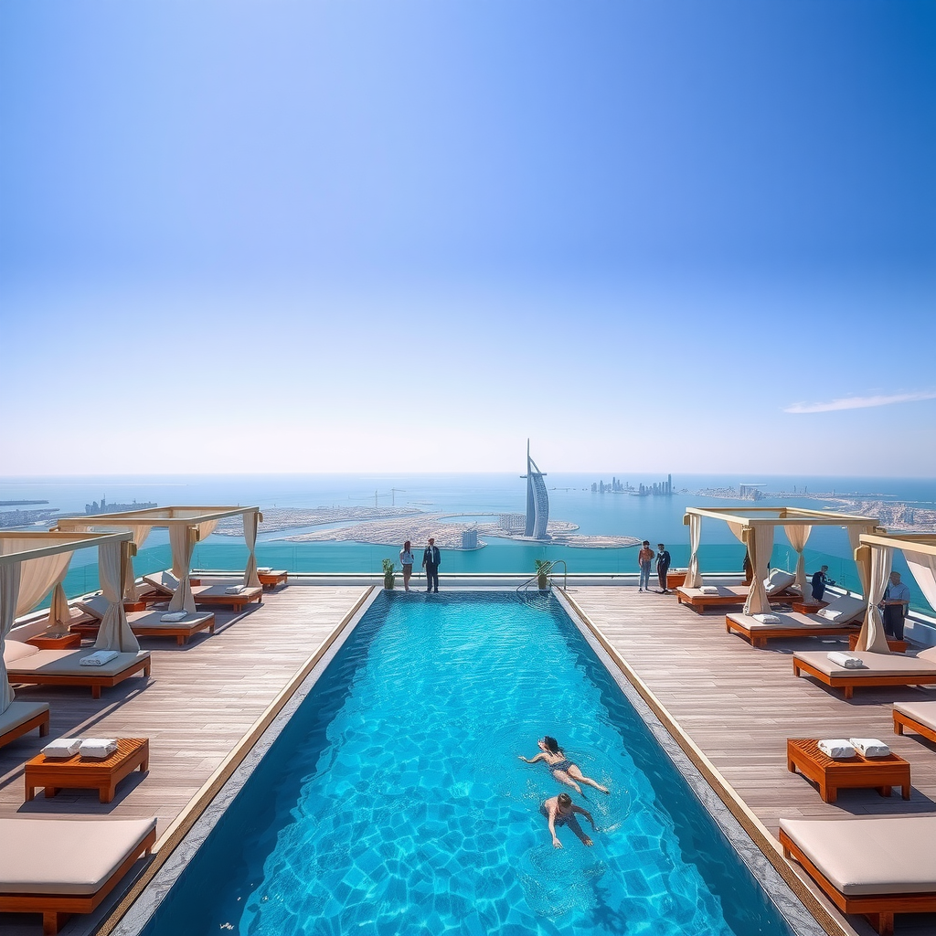 Wide-angle view of the entire Aura SkyPool rooftop pool deck on the 50th floor, showing the expansive infinity pool with swimmers, rows of premium sun loungers, elegant cabanas with white curtains, attentive staff providing poolside service, and the stunning Dubai cityscape with Palm Jumeirah and Arabian Gulf in the background under a bright blue sky