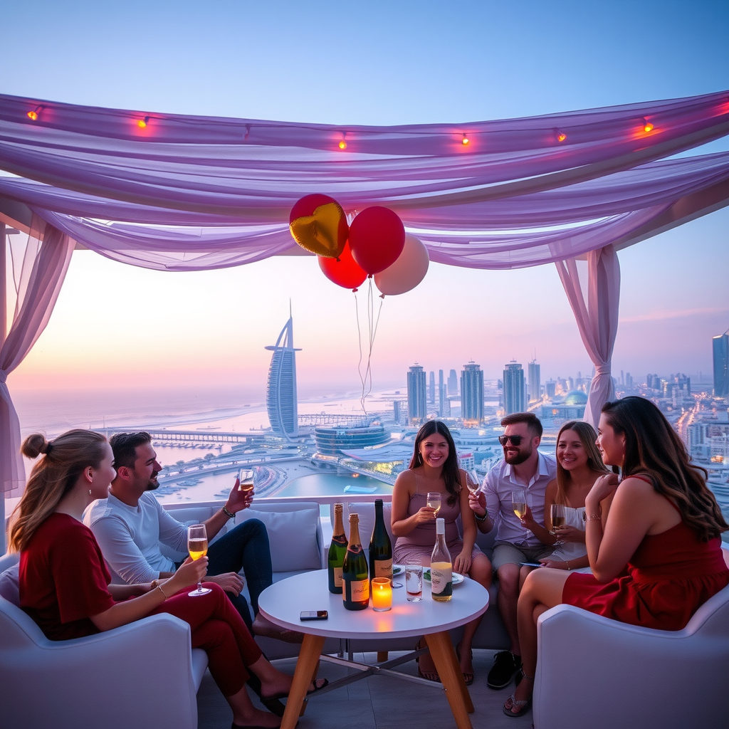 Group of friends celebrating in a decorated VIP cabana with champagne, balloons, and festive setup, enjoying panoramic views of Dubai's illuminated skyline at sunset